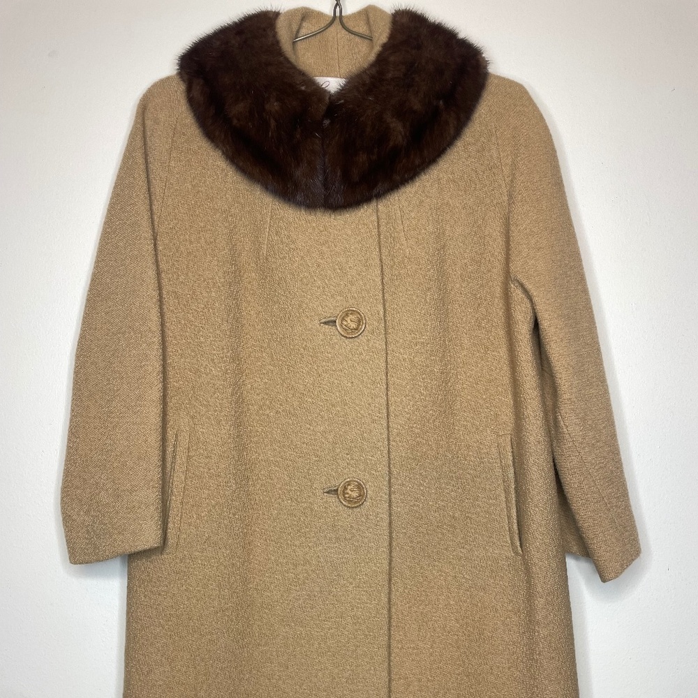 Vintage Swing 50s 60s Penn Craft Friezette Lovemans Wool Tweed Mink Coat USA M/L